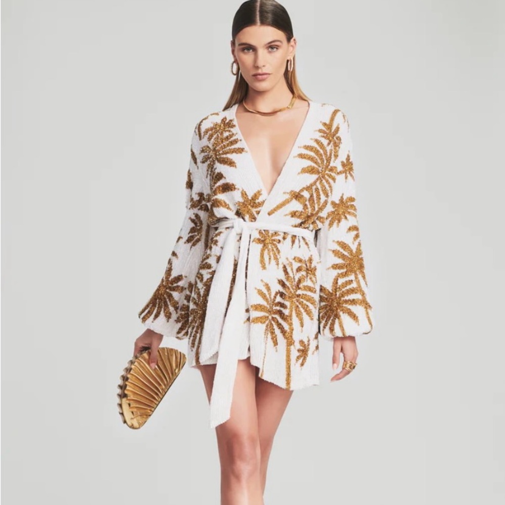 RETROFETE Gabrielle Palm Tree Robe Dress - White